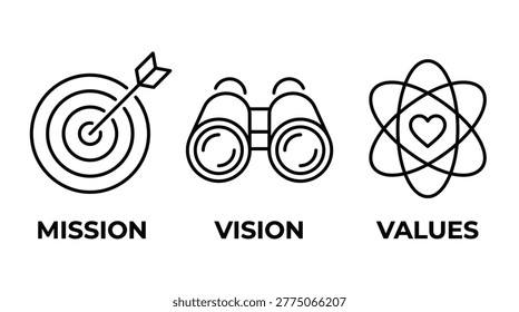 Corporate mission and vision statement icon collection, linear symbols for targets, foresight, core goals, and values