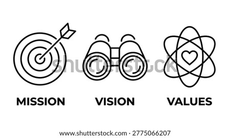 Corporate mission and vision statement icon collection, linear symbols for targets, foresight, core goals, and values