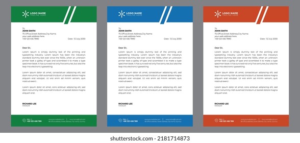 Corporate Modern Abstract Creative Professional Editable Business Letterhead Template With Orange, Blue And Green Colors, Office Letterhead Set In Flat Style With 3 Colors.