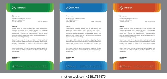 Corporate Modern Abstract Creative Professional Editable Business Letterhead Template With Orange, Blue And Green Colors, Office Letterhead Set In Flat Style With 3 Colors.