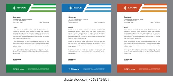 Corporate Modern Abstract Creative Professional Editable Business Letterhead Template With Orange, Blue And Green Colors, Office Letterhead Set In Flat Style With 3 Colors.