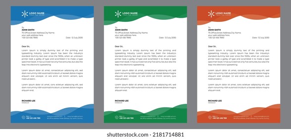 corporate modern abstract creative professional editable business letterhead template with orange, blue and green colors, office letterhead set in flat style with 3 colors.
