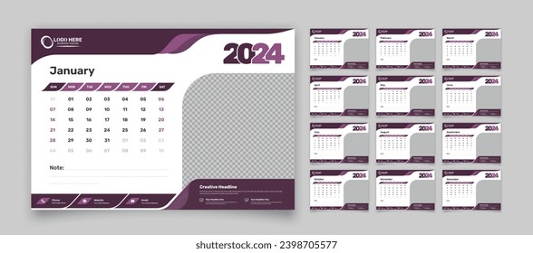 Corporate modern abstract designed 12 pages office desk calendar template for 2024
