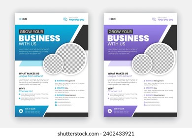 Corporate modern creative flyer set design, professional and business brochure template, leaflet, annual report, geometric layout with blue and purple gradient color shapes for business promotion