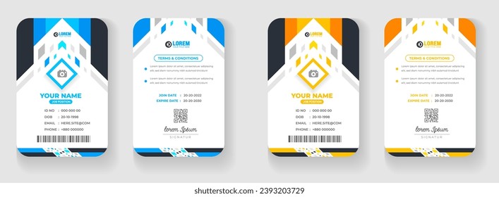 corporate Modern creative minimal simple business office id card design set with blue and yellow color. Corporate company personal security badge Office employee identity card template.