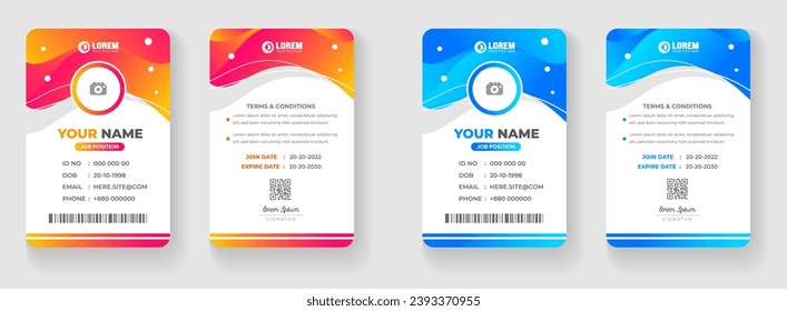 corporate Modern creative minimal simple business office id card design set with blue and yellow color. Corporate company personal security badge Office employee identity card template.
