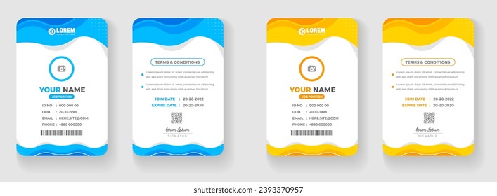 empresa Moderno creativo minimalista diseño de tarjetas de identificación de oficina de negocios con color azul y amarillo. Tarjeta de seguridad personal de la empresa corporativa Plantilla de tarjeta de identidad de los empleados de Office.