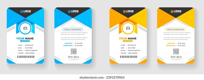 corporate Modern creative minimal simple business office id card design set with blue and yellow color. Corporate company personal security badge Office employee identity card template.
