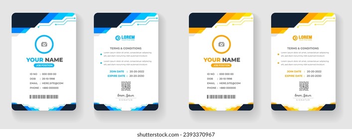 Corporate Modern kreativ minimalistisches Business Office ID-Design mit blau-gelber Farbe. Personalausweis für Unternehmen Büro Personalausweis-Vorlage für Mitarbeiter des Unternehmens.