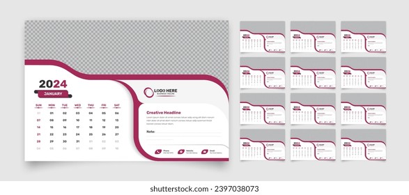 Corporate modern desk calendar template for the year 2024, Day start from Sunday