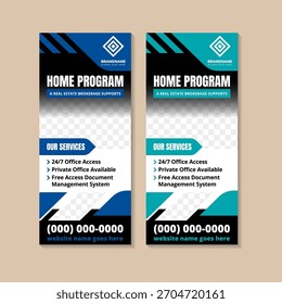 Plantilla de diseño de Vertical de diseño de Anuncio de corretaje inmobiliario de corretaje corporativo y moderno. Ilustración vectorial de colección con espacio para la foto. Se pueden seleccionar dos colores: azul y verde