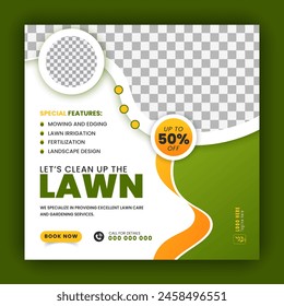 Corporate modern lawn care garden service for social media cover design template, agriculture and organic food campaign post web banner, abstract green, yellow color shape on white background