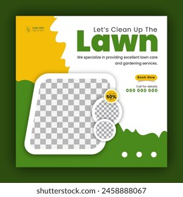 Corporate modern lawn care garden service for social media cover design template, agriculture and organic food campaign post web banner, abstract green, yellow color shape on white background