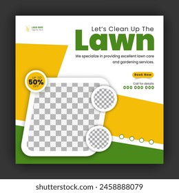 Corporate modern lawn care garden service for social media cover design template, agriculture and organic food campaign post web banner, abstract green, yellow color shape on white background