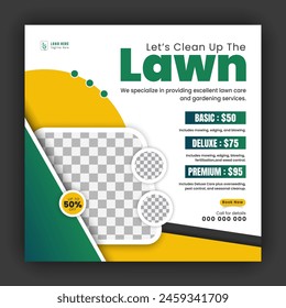 Corporate modern lawn care garden service for social media cover design template, agriculture and organic food campaign post web banner, abstract green, yellow color shape on white background