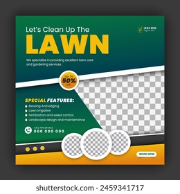 Corporate modern lawn care garden service for social media cover design template, agriculture and organic food campaign post web banner, abstract green, yellow color shape on white background