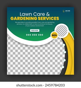 Corporate modern lawn care garden service for social media cover design template, agriculture and organic food campaign post web banner, abstract green, yellow color shapes