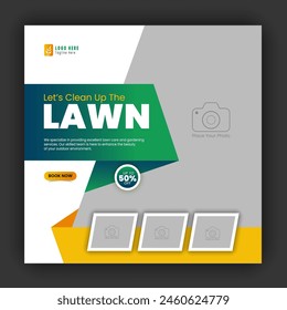 Corporate modern lawn care garden service for social media cover design template, agriculture and organic food campaign post web banner, abstract green, yellow color shapes