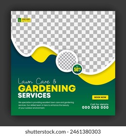 Corporate modern lawn care garden service for social media cover design template, agriculture and organic food campaign post web banner, abstract green, yellow color shapes