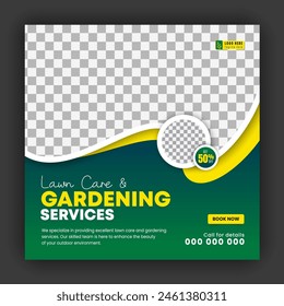 Corporate modern lawn care garden service for social media cover design template, agriculture and organic food campaign post web banner, abstract green, yellow color shapes