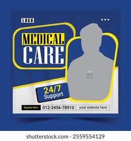 Corporate modern medical and dental health care services social media post or web banner promotion square flyer, poster, vector template design