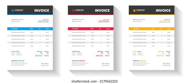 corporate modern minimal Business invoice form template. Invoicing quotes, money bill, Tax form, payment receipt, price invoices and payment agreement design template set.