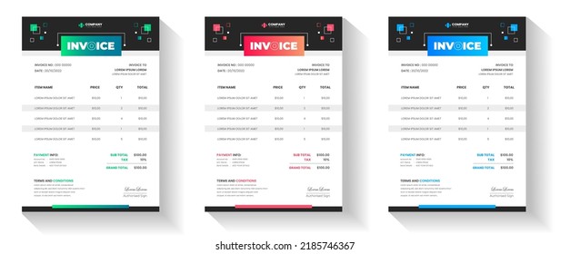 corporate modern minimal Business invoice form template. Invoicing quotes, money bill, Tax form, payment receipt, price invoices and payment agreement design template set.