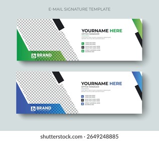 Modelo de vetor de design de rodapé de e-mail ou assinatura de e-mail moderna e minimalista corporativa. Assinatura de e-mail profissional da empresa, cabeçalho, capa de mídia social, design de banner com cor azul e verde.