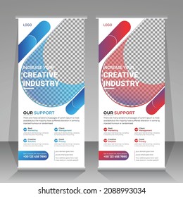 Corporate modern standee business roll up banner template, abstract blue, purple and red background, modern vector x-banner, x-stand, ehibition j-flag, abstract layout