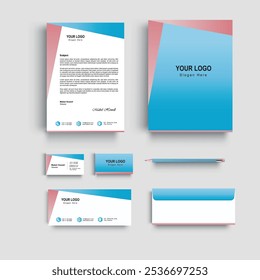 Plantilla de diseño de conjunto de papelería moderna corporativa en color azul rosado Sobre de membrete, tarjeta de visita, carpeta de archivos con sangrado. Papel de diseño de Vector de conjunto estacionario, tarjeta de visita, sobre