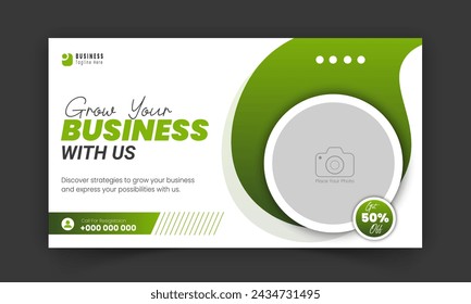 Corporate and modern video thumbnail and social media cover design, digital marketing agency live video streaming for business promotion on abstract green colorful shapes and white background