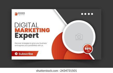 Corporate and modern video thumbnail and social media cover design, digital marketing agency live video streaming for business promotion on abstract orange colorful shapes and white background