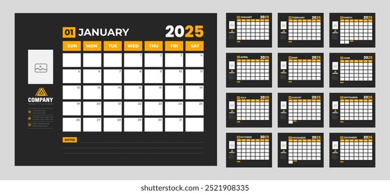 corporate Monthly pages dark color Planner Calendar Templates 2025 set. wall or desk simple 2025 Planner Calendar bundle com início da semana no domingo. Conjunto de 12 meses de 2025 calendário trimestral do Muro.