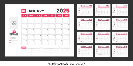 páginas mensais corporativas Planner Calendar Templates 2025 set. parede ou mesa simples 2025 Planner Calendar pacote com início de semana no domingo. Conjunto de 12 Meses 2025 Projeto de calendário trimestral da parede.