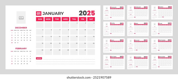 corporate Monthly pages Planner Calendar  Templates 2025 set. wall or desk simple 2025 Planner Calendar bundle with week start on Sunday. Set of 12 Months 2025 Wall quarterly calendar design.