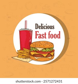 A corporate mordern foofd design about fast foods item using burger,pizza, meat,kectup etc