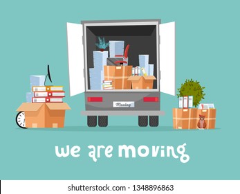 Corporate Moving into new office Concept. Business Relocation in new place. Things in Box in Truck set. Moving Furniture. Van with monitor and stacks of folders. Vector flat cartoon illustration