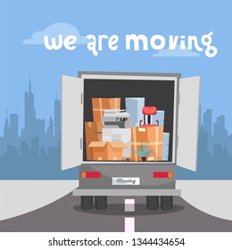 Corporate Moving into new office.Business Relocation in new place.Things in Box in Truck set. truck with printer, stacks of folders drives to side of city's silhouette.Vector flat cartoon illustration