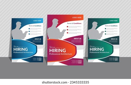 Corporate and multipurpose flyer bundle of 3  gradient colors. Most unique curvy and 3d geometric shapes, background image, and layout.A4 size. Blue, orange, pink, green. Business flyer template.