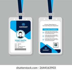 Corporate Navy Blue and Blue ID Badge Template with Photo, QR Code, and Secure Layout for Business Staff