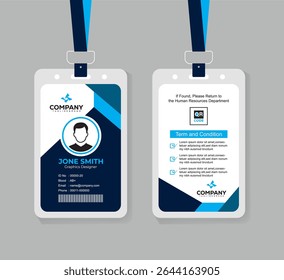 Corporate Navy Blue and Blue ID Badge Template with Photo, QR Code, and Secure Layout for Business Staff