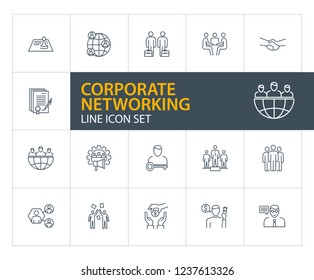 Corporate networking line icon set. Contract signing, team, leadership. Business concept. Can be used for topics like meeting, forum, interview, deal