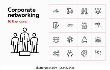 Corporate networking line icon set. Contract signing, team, leadership. Business concept. Can be used for topics like meeting, forum, interview, deal