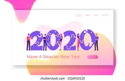 Corporate New Year Celebration and Teamwork Concept for Website Landing Page. Tiny Business People or Colleagues Set Up 2020 Numbers of Puzzle Pieces Web Page Banner. Cartoon Flat Vector Illustration