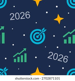 Corporativa patrón sin fisuras del año Nuevo. Vector de diseño plano B2B con objetivos para 2026, tabla de crecimiento y estrellas del éxito. Contexto estratégico para la tecnología o las finanzas.