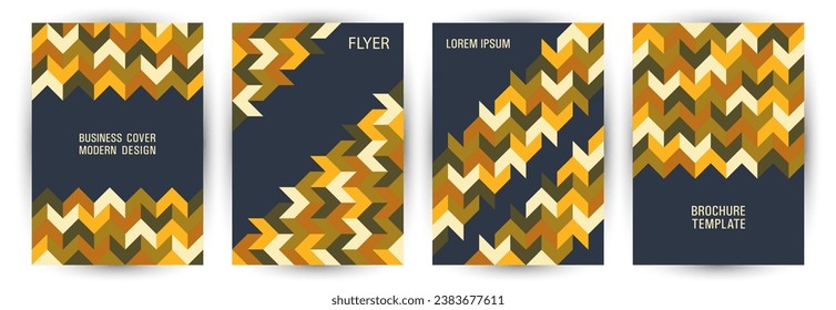 Corporate notebook cover layout set geometric design. Suprematism style future flyer mockup set vector. Mosaic geometric elements theme vertical cover design