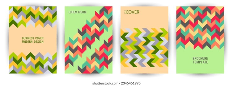 Corporate notebook cover page mokup set graphic design. Memphis style vintage title page template set Eps10. Tile geometric shapes theme A4 card design