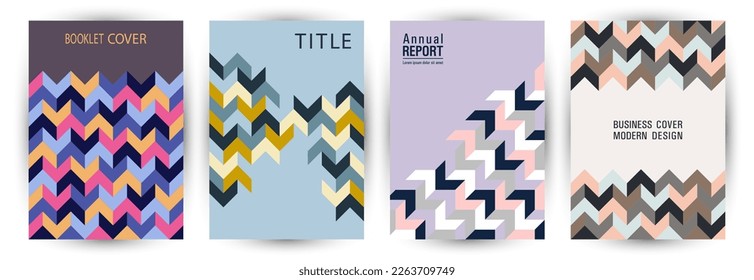 Corporate notebook front page layout set vector design. Memphis style modern folder mockup set Eps10. Mosaic geometric elements pattern A4 card design