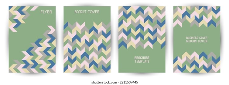 Corporate notebook front page mokup set geometric design. Bauhaus style retro voucher mockup set vector. Tile geometric shapes background A4 card design