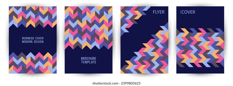 Corporate notebook front page mokup set graphic design. Suprematism style creative pamphlet layout set vector. Mosaic geometric elements pattern A4 cover design